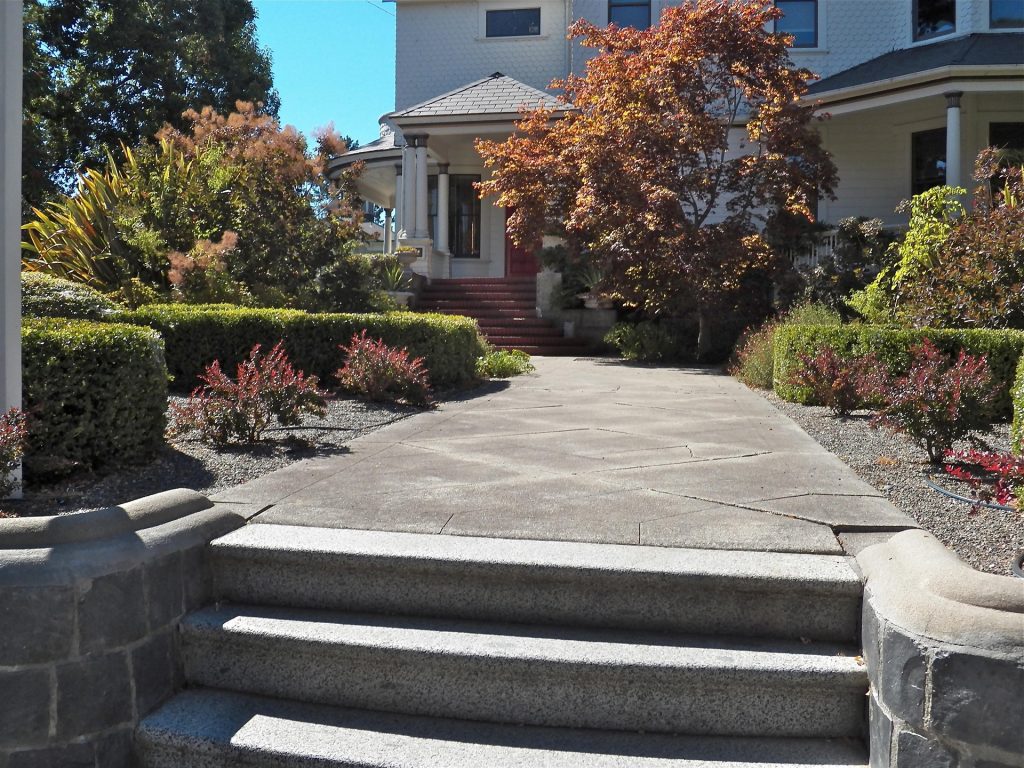 Landscaped residential walkway with stone steps, shrubs, and planting beds for Summit County property improvement services